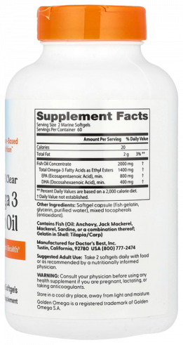 Doctor's Best Purified &amp; Clear Omega 3 Fish Oil 1000 mg, 120 капсул