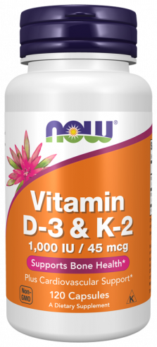 NOW Vitamin D-3 and К2 1000 IU/45 mcg, Витамин Д-3 и К2 1000 МЕ/45 мкг, 120 капсул